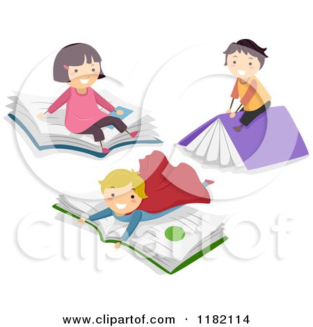 Cartoon of Happy Imaginative Children on Story Books - Royalty Free Vector Clipart by BNP Design Studio