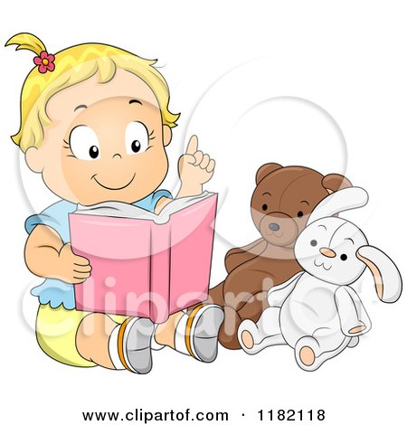 Cartoon of a Blond Toddler Girl Pretending to Teach Her Stuffed Animals - Royalty Free Vector Clipart by BNP Design Studio