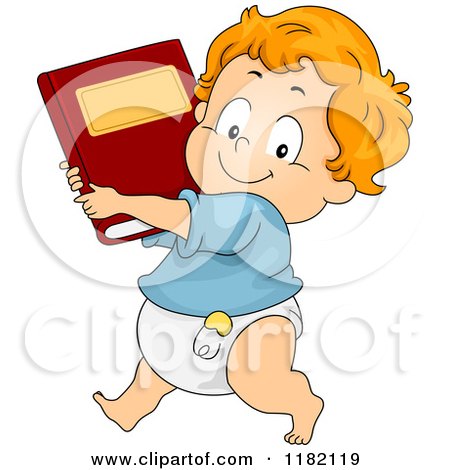 Cartoon of a Happy Red Haired Toddler Boy Carrying a Book - Royalty Free Vector Clipart by BNP Design Studio