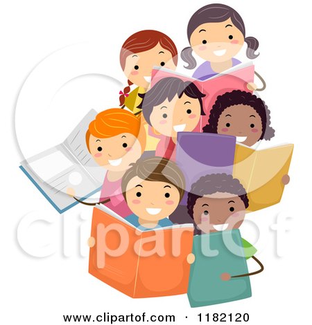 Cartoon of a Group of Diverse Children Holding Books - Royalty Free Vector Clipart by BNP Design Studio