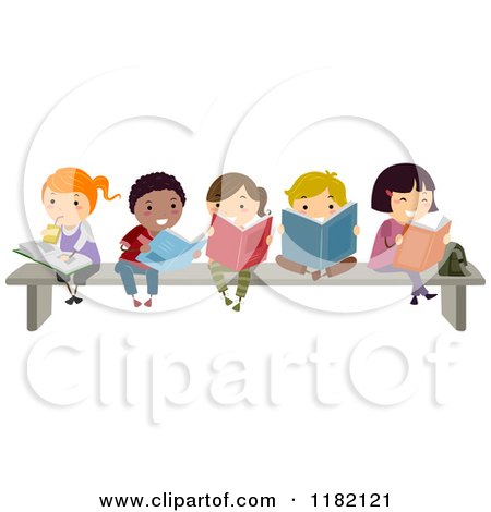 Cartoon of a Group of Happy Diverse Children Reading Books on a Bench - Royalty Free Vector Clipart by BNP Design Studio