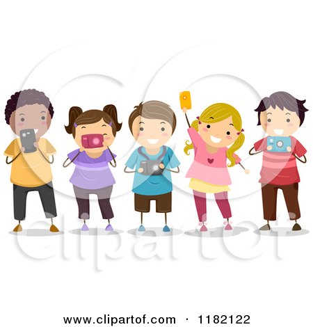 Cartoon of Happy Diverse School Children Using Cameras - Royalty Free Vector Clipart by BNP Design Studio