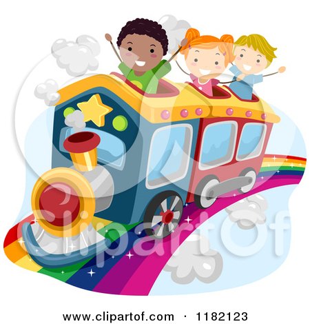 Cartoon of Happy Diverse School Children Riding a Train on a Rainbow - Royalty Free Vector Clipart by BNP Design Studio