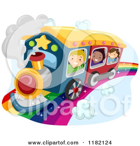 Cartoon of Happy Diverse School Children Waving and Riding a Train on a Rainbow - Royalty Free Vector Clipart by BNP Design Studio