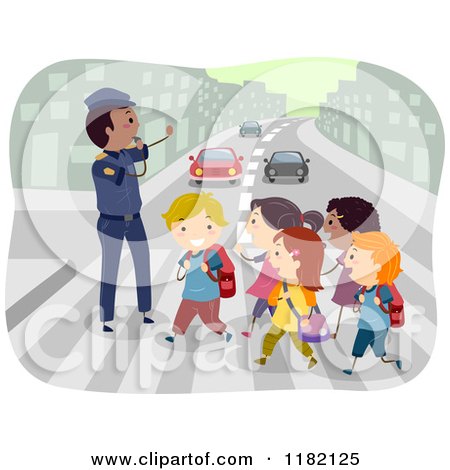 Cartoon of a Crossing Guard Advising Children Crossing an Urban Street - Royalty Free Vector Clipart by BNP Design Studio