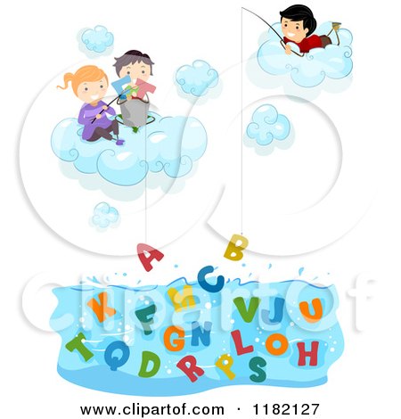 Cartoon of Happy Diverse School Children in Clouds, Fishing for ABC Alphabet Letters - Royalty Free Vector Clipart by BNP Design Studio