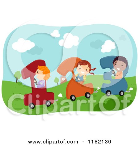 Cartoon of Happy Diverse School Children in Number Cars - Royalty Free Vector Clipart by BNP Design Studio