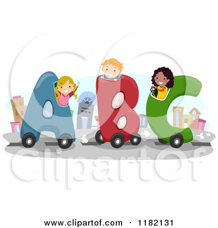Cartoon of Happy Diverse School Children in ABC Cars - Royalty Free Vector Clipart by BNP Design Studio