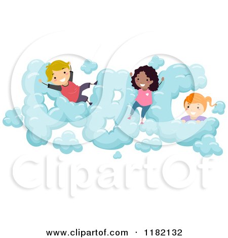 Cartoon of Happy Diverse School Children in ABC Clouds - Royalty Free Vector Clipart by BNP Design Studio