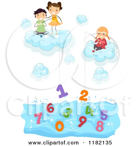 Cartoon of Happy Diverse School Children in Clouds, Fishing for Numbers in Water - Royalty Free Vector Clipart by BNP Design Studio