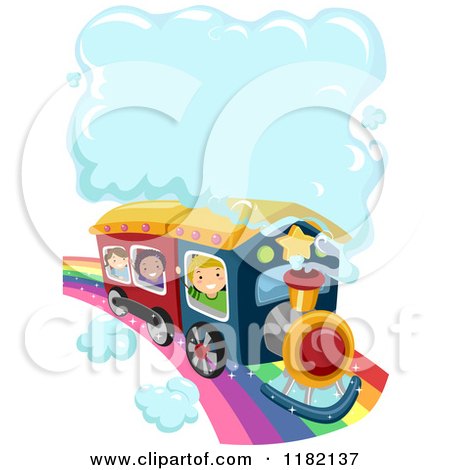 Cartoon of Happy Diverse School Children Riding a Train on a Rainbow with a Steam Cloud - Royalty Free Vector Clipart by BNP Design Studio