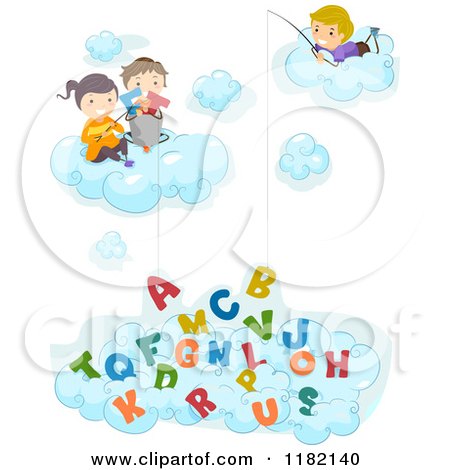 Cartoon of Happy Diverse School Children in Clouds, Fishing for Alphabet Letters - Royalty Free Vector Clipart by BNP Design Studio