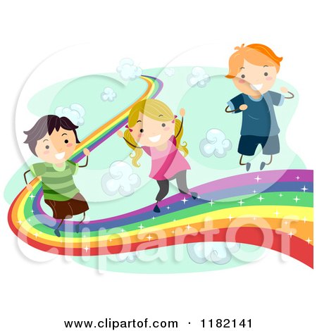 Cartoon of Happy Children on a Rainbow Road in the Clouds - Royalty Free Vector Clipart by BNP Design Studio