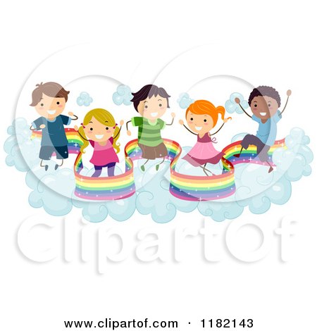 Cartoon of Happy Diverse Children on Clouds with a Rainbow - Royalty Free Vector Clipart by BNP Design Studio