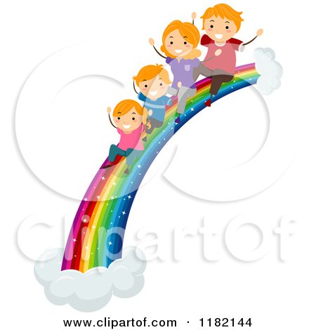 Cartoon of a Happy Red Haired Family Sliding down a Rainbow - Royalty Free Vector Clipart by BNP Design Studio