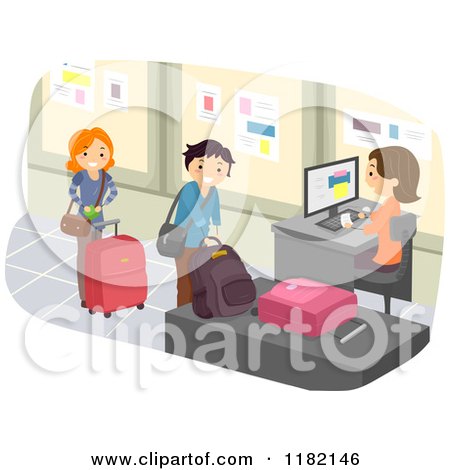 Cartoon of Happy People Checking Luggage at an Airport - Royalty Free Vector Clipart by BNP Design Studio