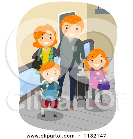Cartoon of a Happy Red Haired Family with Luggage on an Airport Walkalator - Royalty Free Vector Clipart by BNP Design Studio