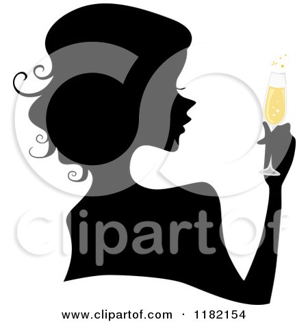 Cartoon of a Black Silhouetted Woman with Yellow Champagne - Royalty Free Vector Clipart by BNP Design Studio