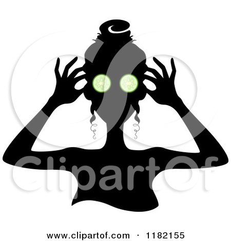 Cartoon of a Black Silhouetted Woman with Green Cucumbers over Her Eyes - Royalty Free Vector Clipart by BNP Design Studio