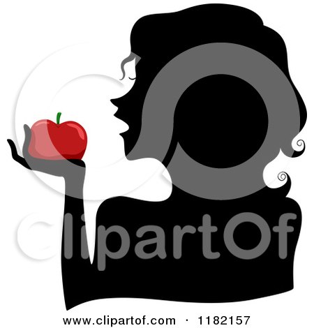 Cartoon of a Black Silhouetted Woman Holding a Red Apple - Royalty Free Vector Clipart by BNP Design Studio