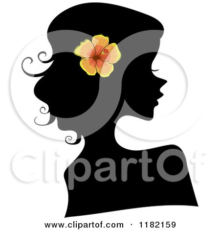 Cartoon of a Black Silhouetted Woman with an Orange Hibiscus Flower in Her Hair - Royalty Free Vector Clipart by BNP Design Studio