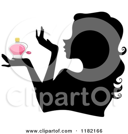 Cartoon of a Black Silhouetted Woman Holding a Pink Perfume Bottle - Royalty Free Vector Clipart by BNP Design Studio