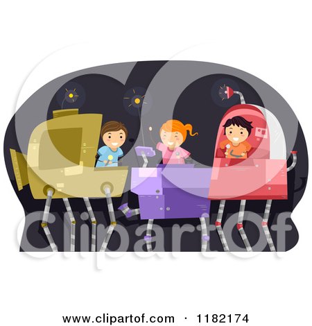 Cartoon of Happy Children Operating Robots - Royalty Free Vector Clipart by BNP Design Studio
