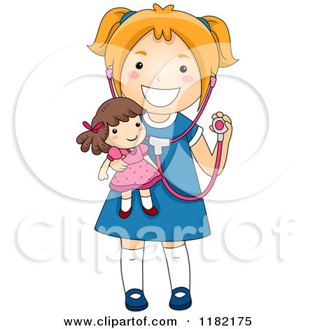 Cartoon of a Happy Girl Wearing a Stethoscope and Holding a Doll - Royalty Free Vector Clipart by BNP Design Studio