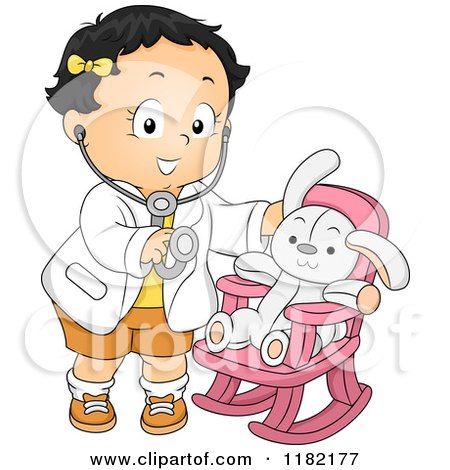 Cartoon of a Happy Toddler Girl Pretending to Be a Doctor for Her Stuffed Bunny - Royalty Free Vector Clipart by BNP Design Studio