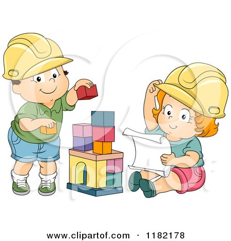 Cartoon of Toddler Children Pretending to Be Engineers and Playing with Blocks - Royalty Free Vector Clipart by BNP Design Studio