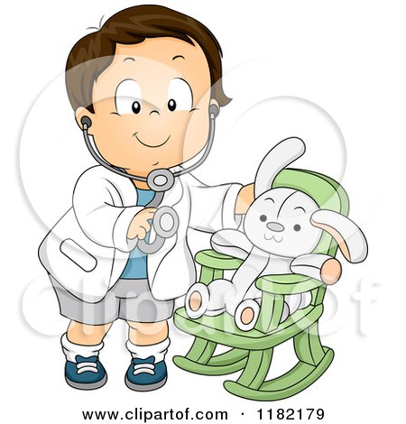 Cartoon of a Happy Brunette Toddler Boy Pretending to Be Doctor for His Stuffed Bunny - Royalty Free Vector Clipart by BNP Design Studio
