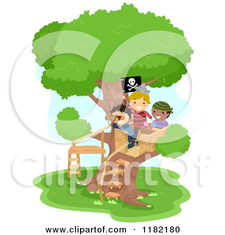 Cartoon of Boys Pretending to Be Pirates in a Tree House - Royalty Free Vector Clipart by BNP Design Studio