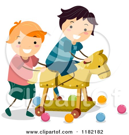 Cartoon of Boys Playing with a Wooden Horse - Royalty Free Vector Clipart by BNP Design Studio