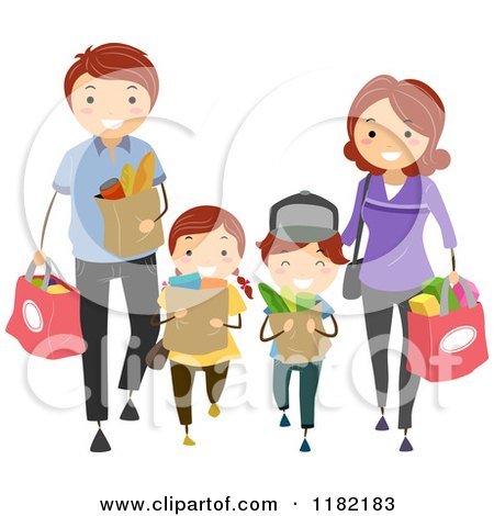 Cartoon of a Happy Caucasian Family Carrying Grocery Bags - Royalty Free Vector Clipart by BNP Design Studio