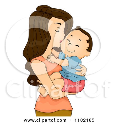 Cartoon of a Brunette Mom Kissing Her Toddler Boy on the Cheek - Royalty Free Vector Clipart by BNP Design Studio