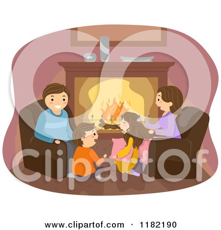 Cartoon of a Happy Family Gathered Around a Fireplace - Royalty Free Vector Clipart by BNP Design Studio