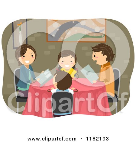 Cartoon of a Happy Family with Menus at a Restaurant - Royalty Free Vector Clipart by BNP Design Studio