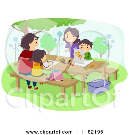 Cartoon of a Happy Family Coloring on a Picnic Table - Royalty Free Vector Clipart by BNP Design Studio