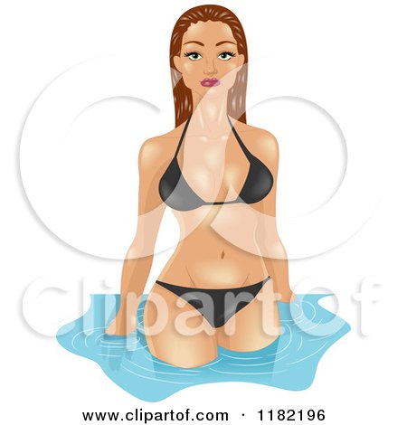 Cartoon of a Brunette Woman Wading in a Black Bikini Bathing Suit - Royalty Free Vector Clipart by BNP Design Studio