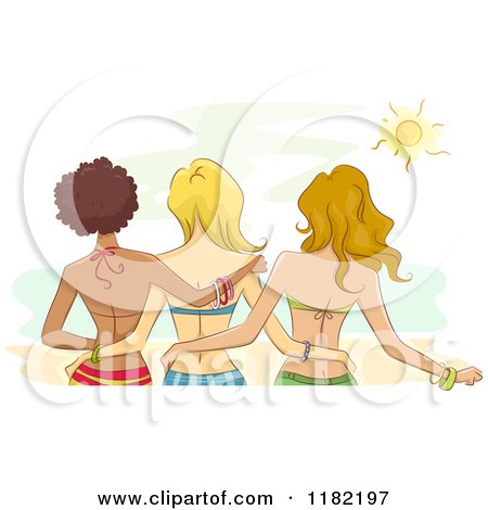 Cartoon of a Rear View of a Trio of Diverse Women in Bikinis, Standing on a Beach - Royalty Free Vector Clipart by BNP Design Studio