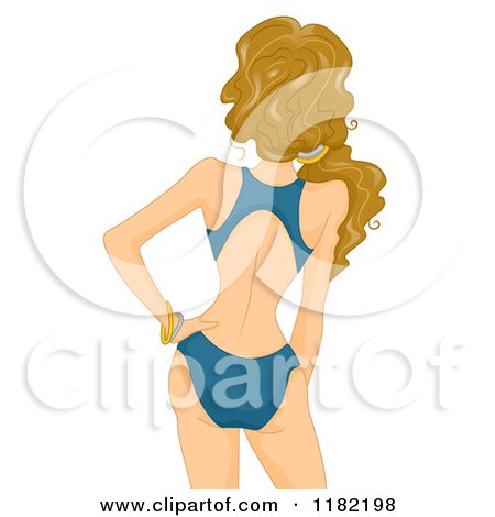 Cartoon of a Rear View of a Caucasian Woman in a Blue Bathing Suit - Royalty Free Vector Clipart by BNP Design Studio