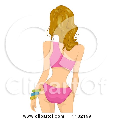 Cartoon of a Rear View of a Caucasian Woman in a Pink Bathing Suit - Royalty Free Vector Clipart by BNP Design Studio