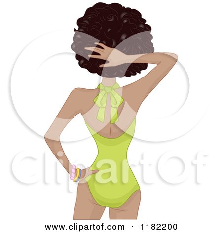 Cartoon of a Rear View of a Black Woman in a Green One Piece Bathing Suit - Royalty Free Vector Clipart by BNP Design Studio
