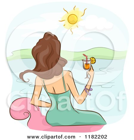 Cartoon of a Rear View of a Lady Sitting on a Chair with a Cocktail and Looking out at the Ocean - Royalty Free Vector Clipart by BNP Design Studio