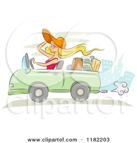 Cartoon of a Blond Woman Holding onto Her Sun Hat While Driving a Convertible Car - Royalty Free Vector Clipart by BNP Design Studio