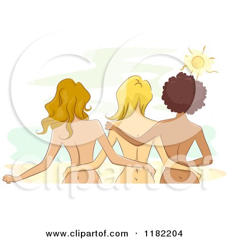 Cartoon of a Rear View of Nude Embracing Diverse Women on a Beach - Royalty Free Vector Clipart by BNP Design Studio