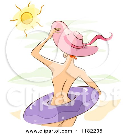 Cartoon of the Sun Shining on a Nude Woman with a Sun Hat and Inner Tube - Royalty Free Vector Clipart by BNP Design Studio