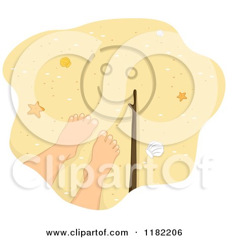 Cartoon of a Childs Foot on Beach Sand with a Stick Drawing a Smiley Face - Royalty Free Vector Clipart by BNP Design Studio