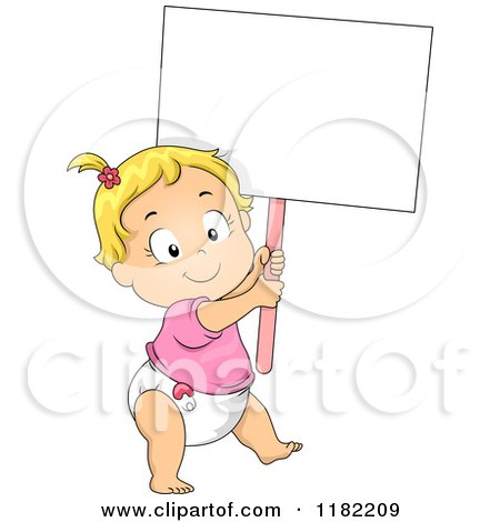 Cartoon of a Happy Caucasian Toddler Girl in a Diaper, Carrying a Sign - Royalty Free Vector Clipart by BNP Design Studio