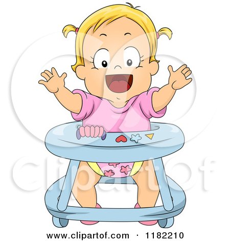 Cartoon of a Happy Blond Toddler Girl in a Baby Walker - Royalty Free Vector Clipart by BNP Design Studio